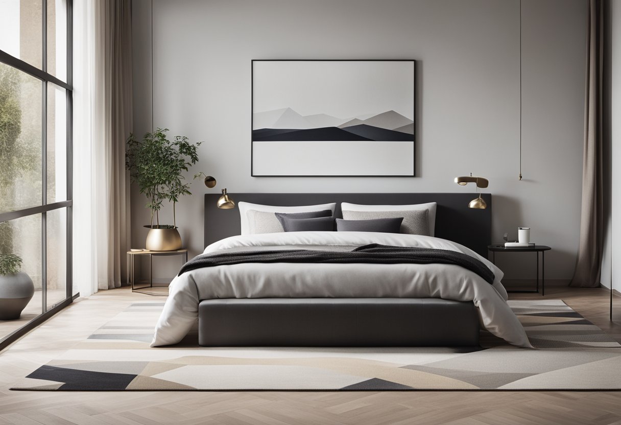 A sleek, minimalistic bedroom with clean lines, neutral colors, and a large, comfortable bed. A geometric rug and modern artwork add interest to the space