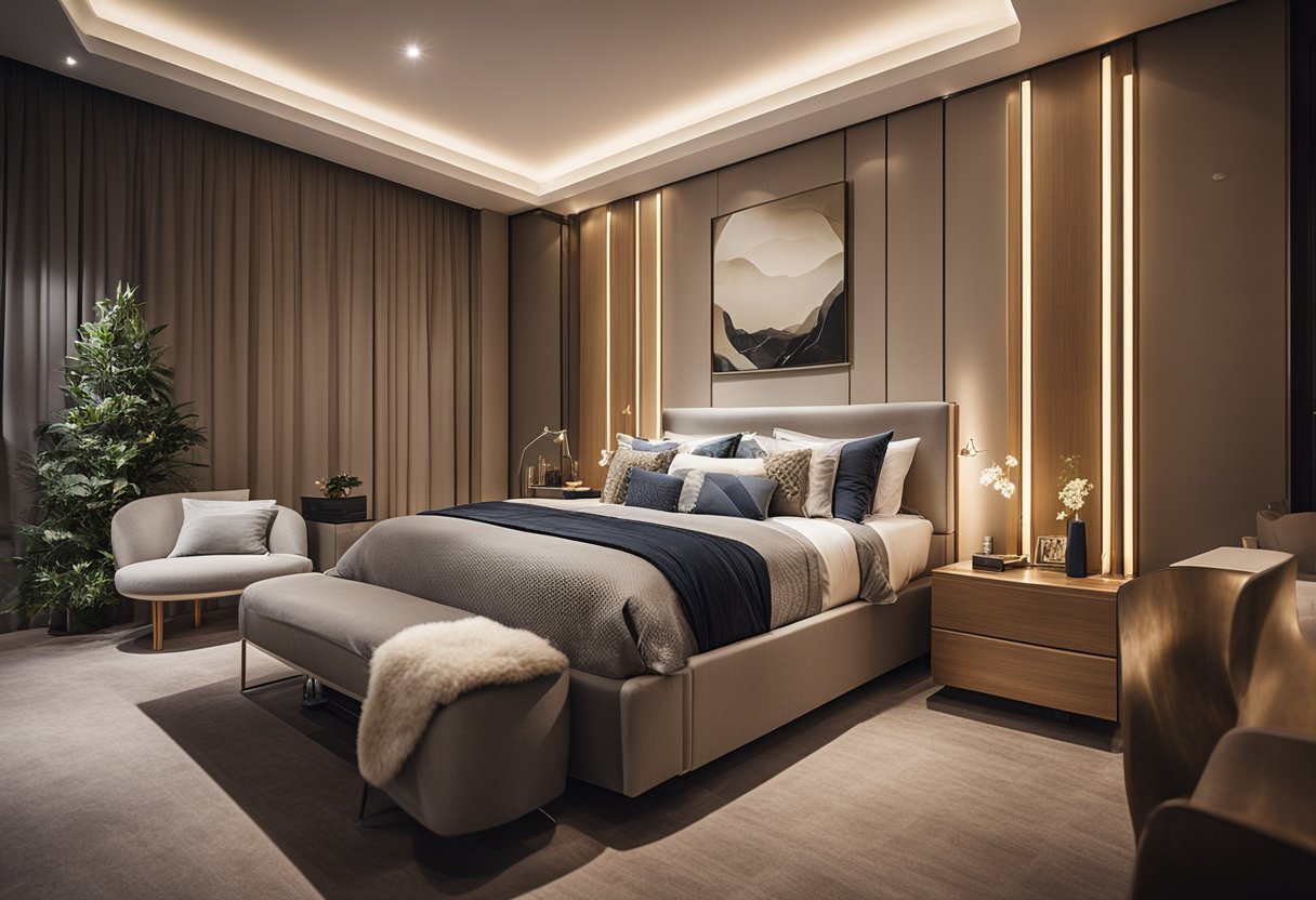 A bedroom with a feature wall adorned with decorative accessories and enhanced by soft, warm lighting