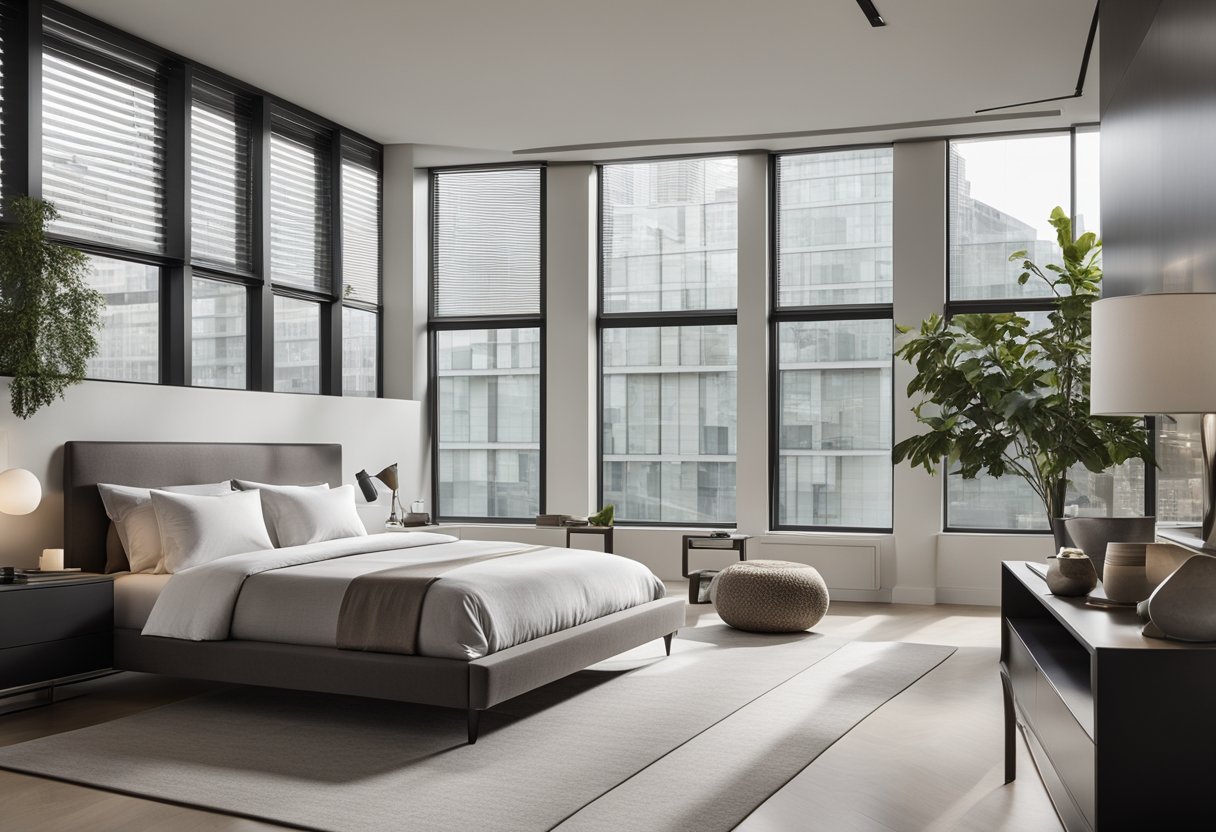 A sleek, minimalist bedroom with clean lines, neutral colors, and modern furniture. Large windows let in natural light, and a statement piece of artwork hangs above the bed