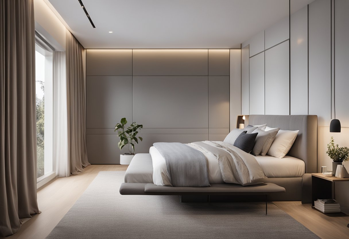 A sleek, minimalist bedroom with a large, plush bed, clean lines, and neutral colors. A wall-mounted TV, a cozy reading nook, and a spacious walk-in closet complete the modern design