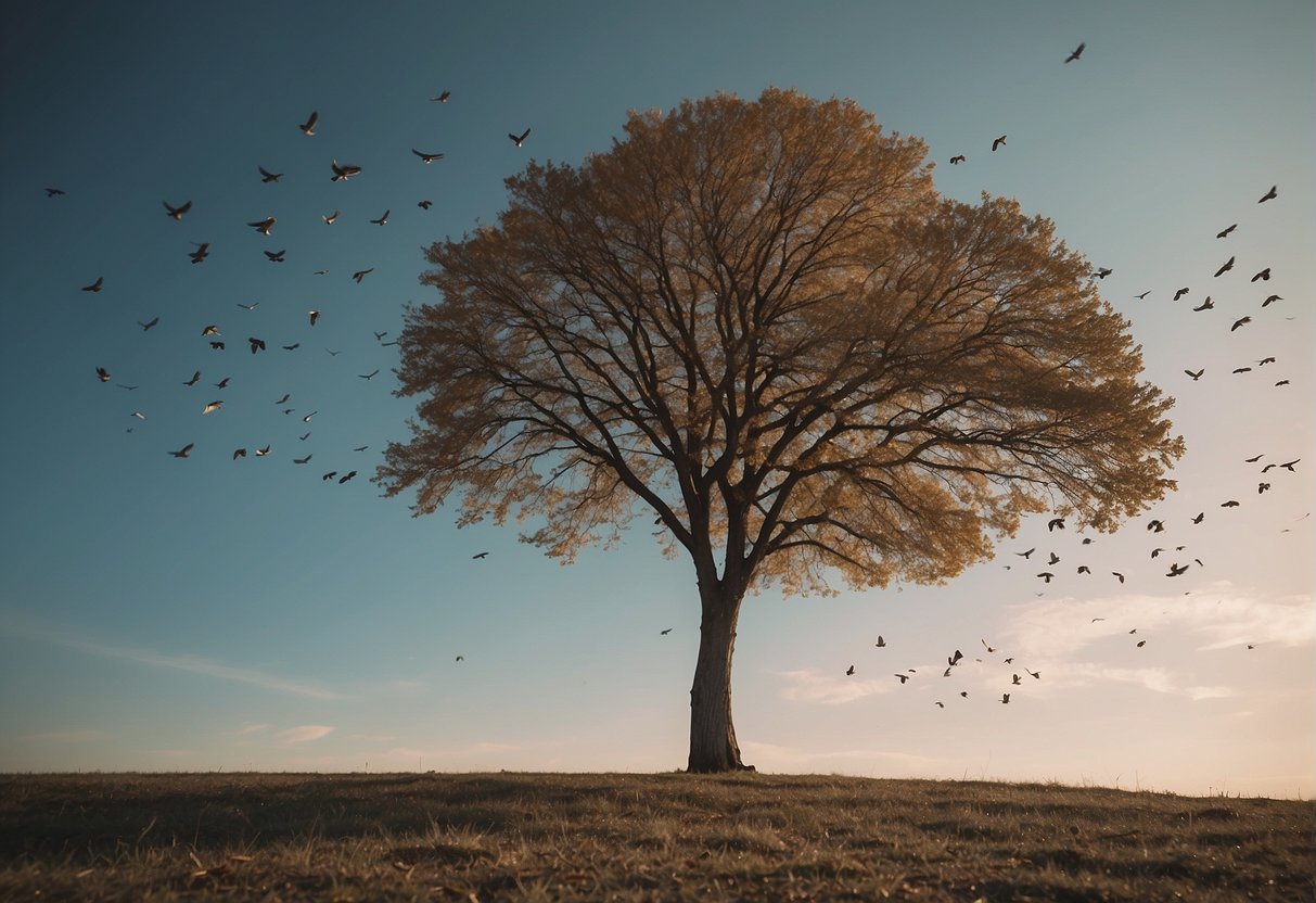 A lone tree shedding its leaves as a group of birds fly away, symbolizing the loss of friendship