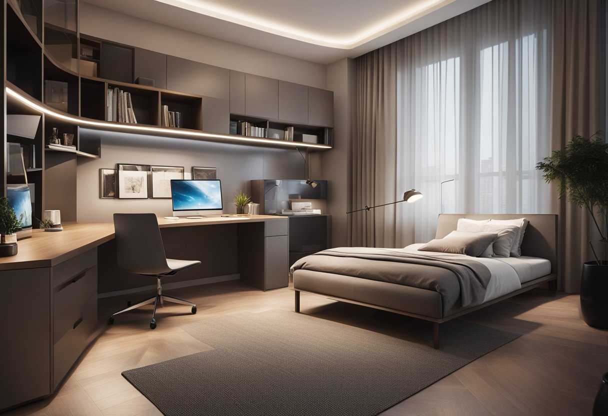 A sleek, minimalist bedroom with built-in storage, a multifunctional desk, and adjustable lighting