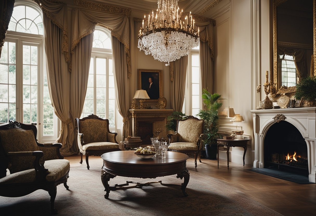 A grand colonial room with ornate furniture, rich tapestries, and a roaring fireplace