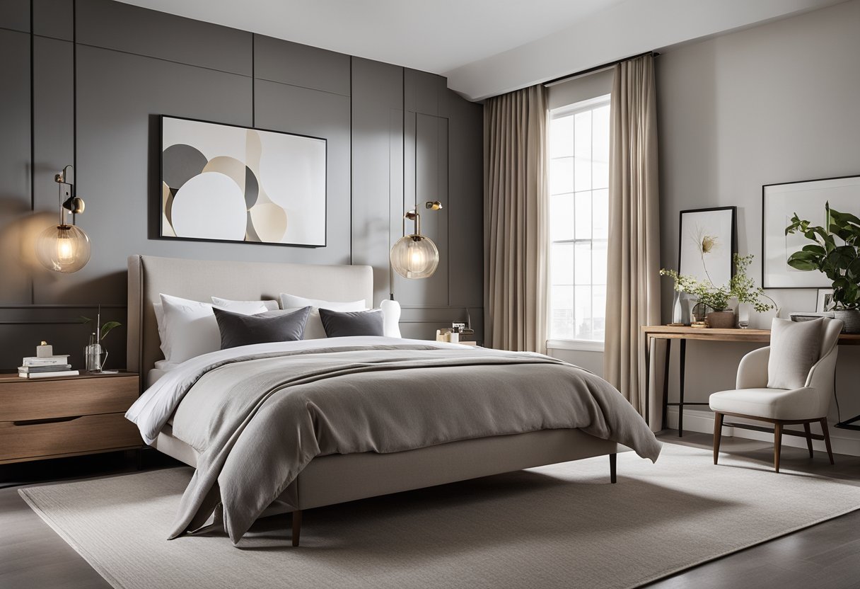 A sleek, minimalist bedroom with clean lines, neutral color palette, and modern furniture. A large, comfortable bed with crisp white linens is the focal point, accented by contemporary lighting and artwork