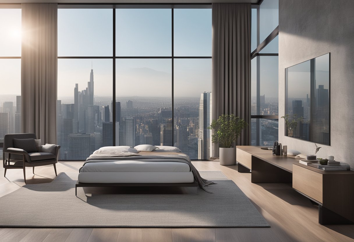 A modern concrete bedroom with minimalistic furniture and a large window overlooking a city skyline