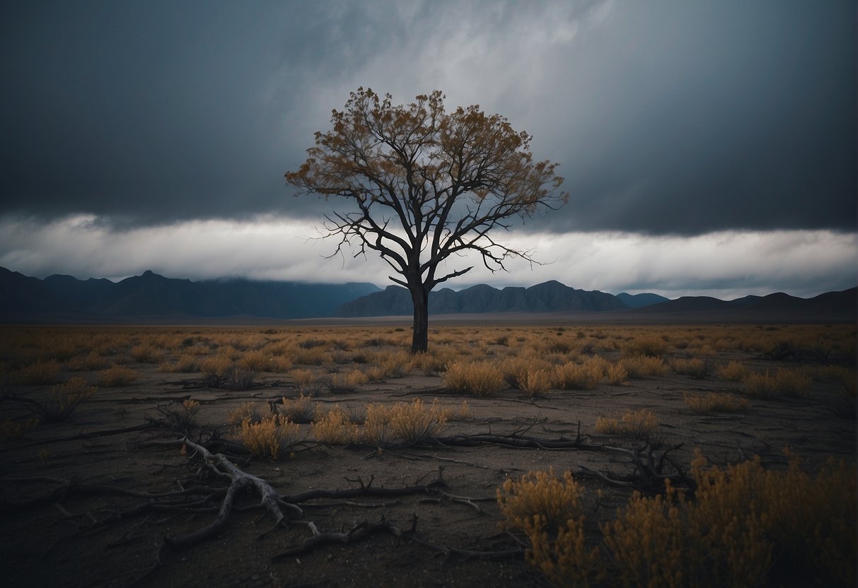 A lone tree stands in a barren landscape, surrounded by wilted flowers and broken branches. The sky is dark and stormy, reflecting the emotional turmoil of losing friends