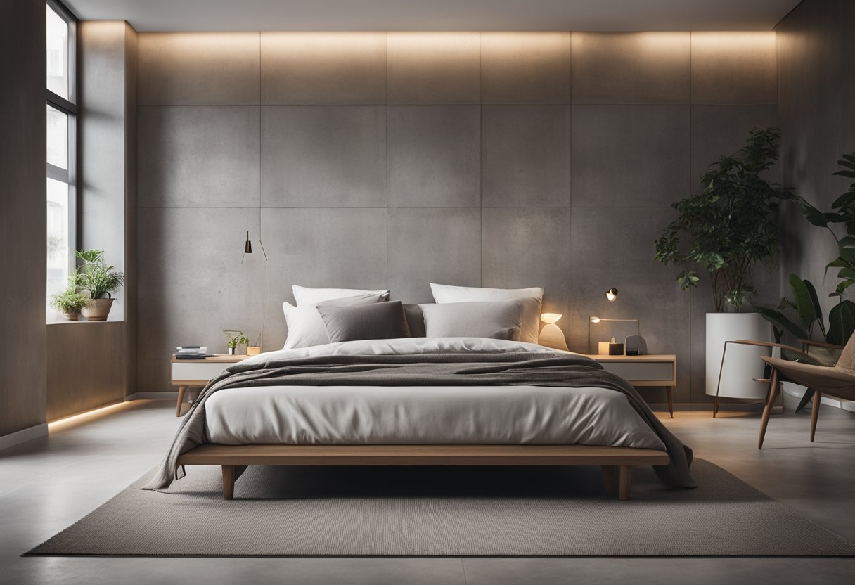 A modern bedroom with concrete walls, minimal furniture, and soft lighting. A large, comfortable bed with neutral bedding and a cozy rug on the floor