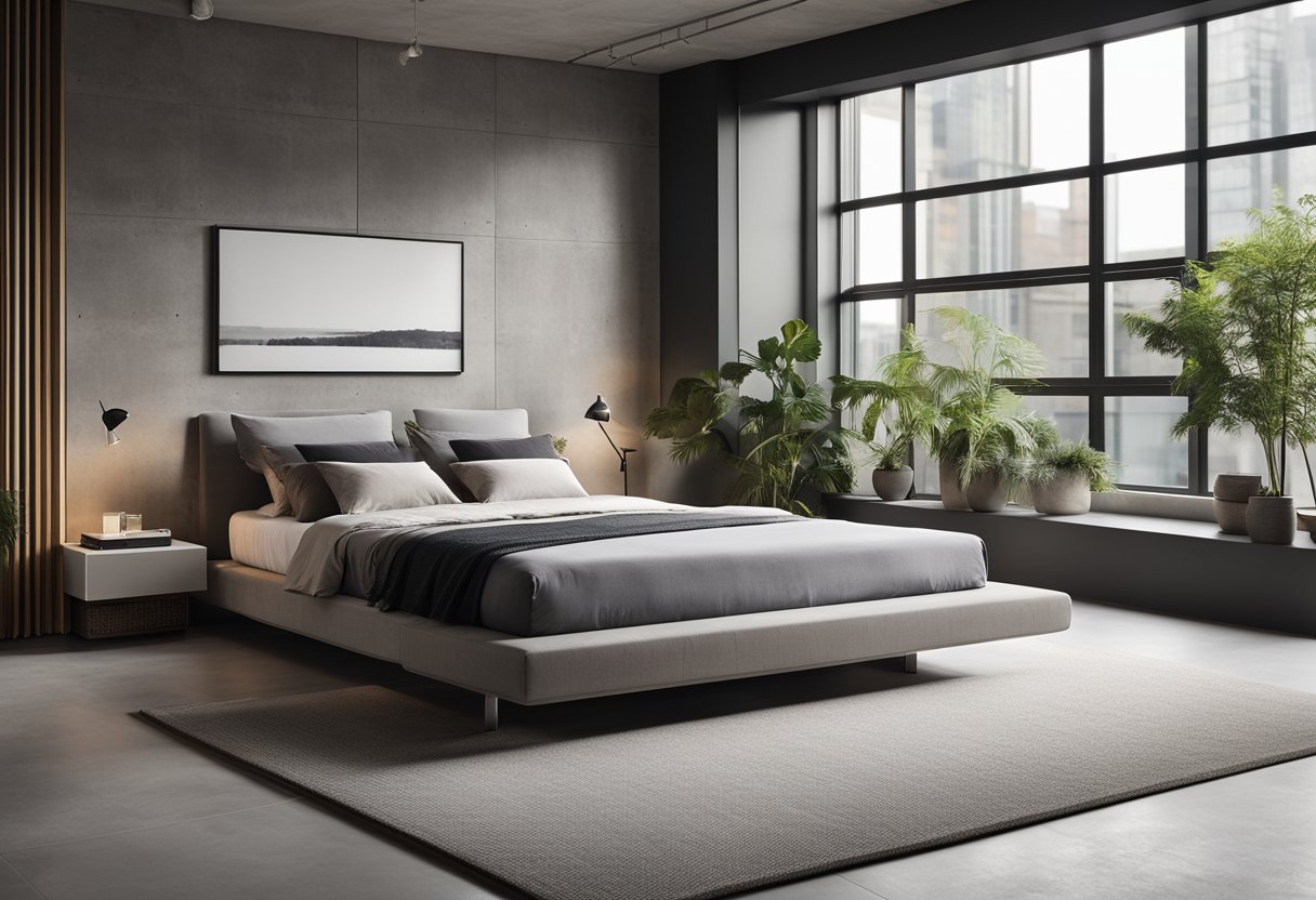 The bedroom features a minimalist concrete design with a sleek platform bed, built-in storage, and a large window for natural light