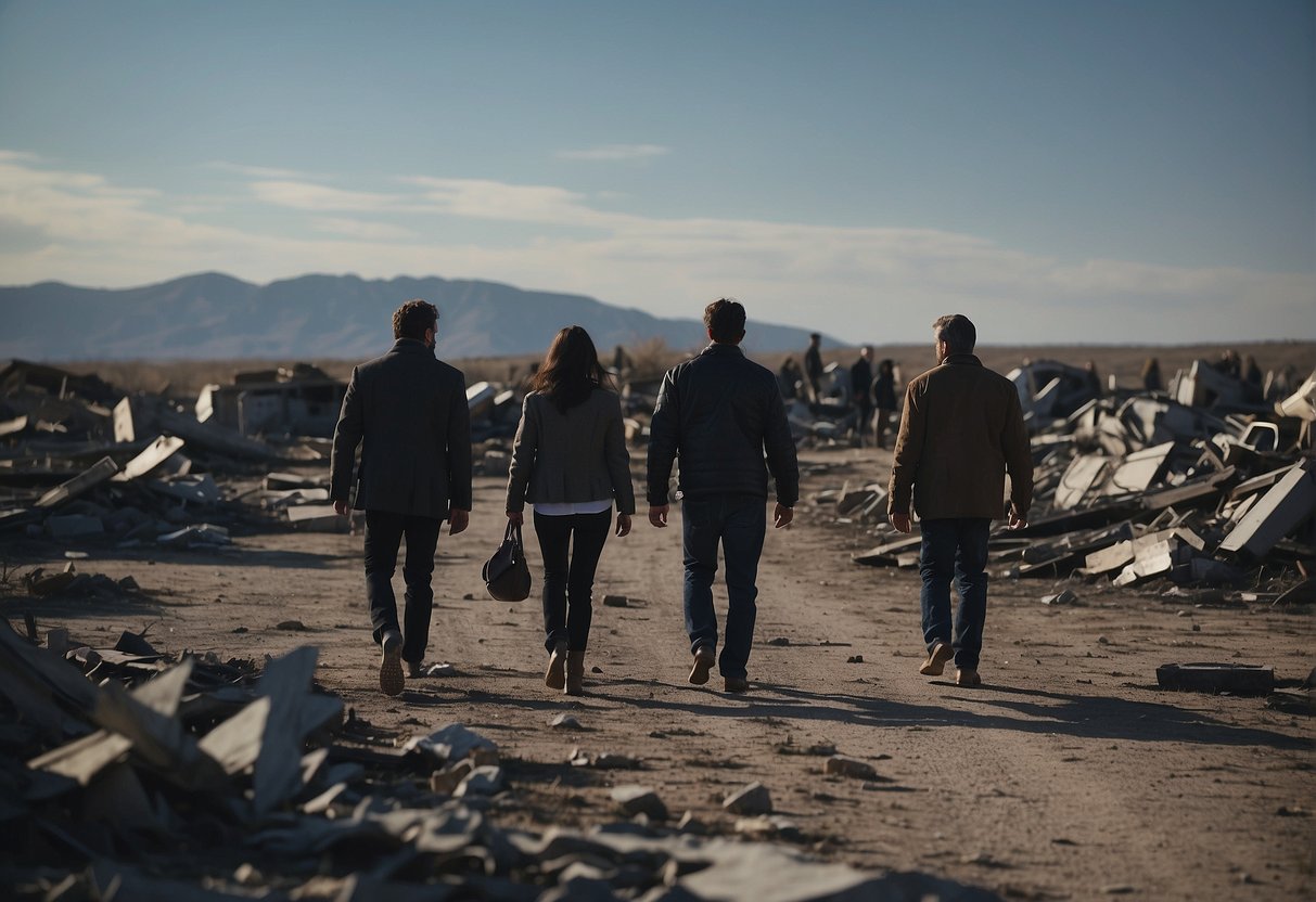 A group of figures walks through a desolate landscape, surrounded by wreckage and debris. The somber atmosphere is palpable as they navigate the aftermath of losing friends