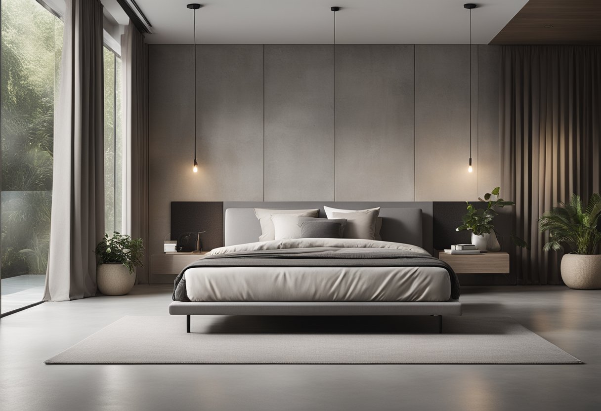 A modern concrete bedroom with minimalist furnishings and a sleek design, featuring a comfortable bed, clean lines, and a neutral color palette