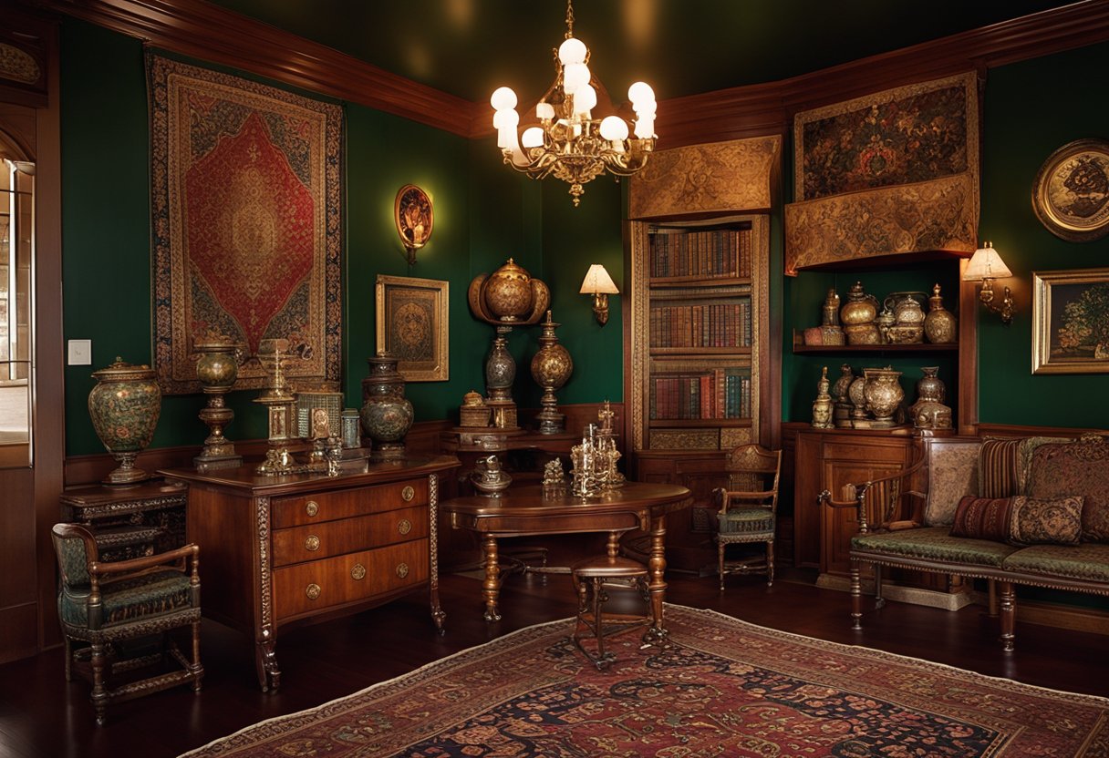 The colonial-inspired interior features ornate wooden furniture, brass candle sconces, and a rich color palette of deep reds and dark greens. Oriental rugs and intricate tapestries adorn the walls, while vintage maps and antique globes add a touch