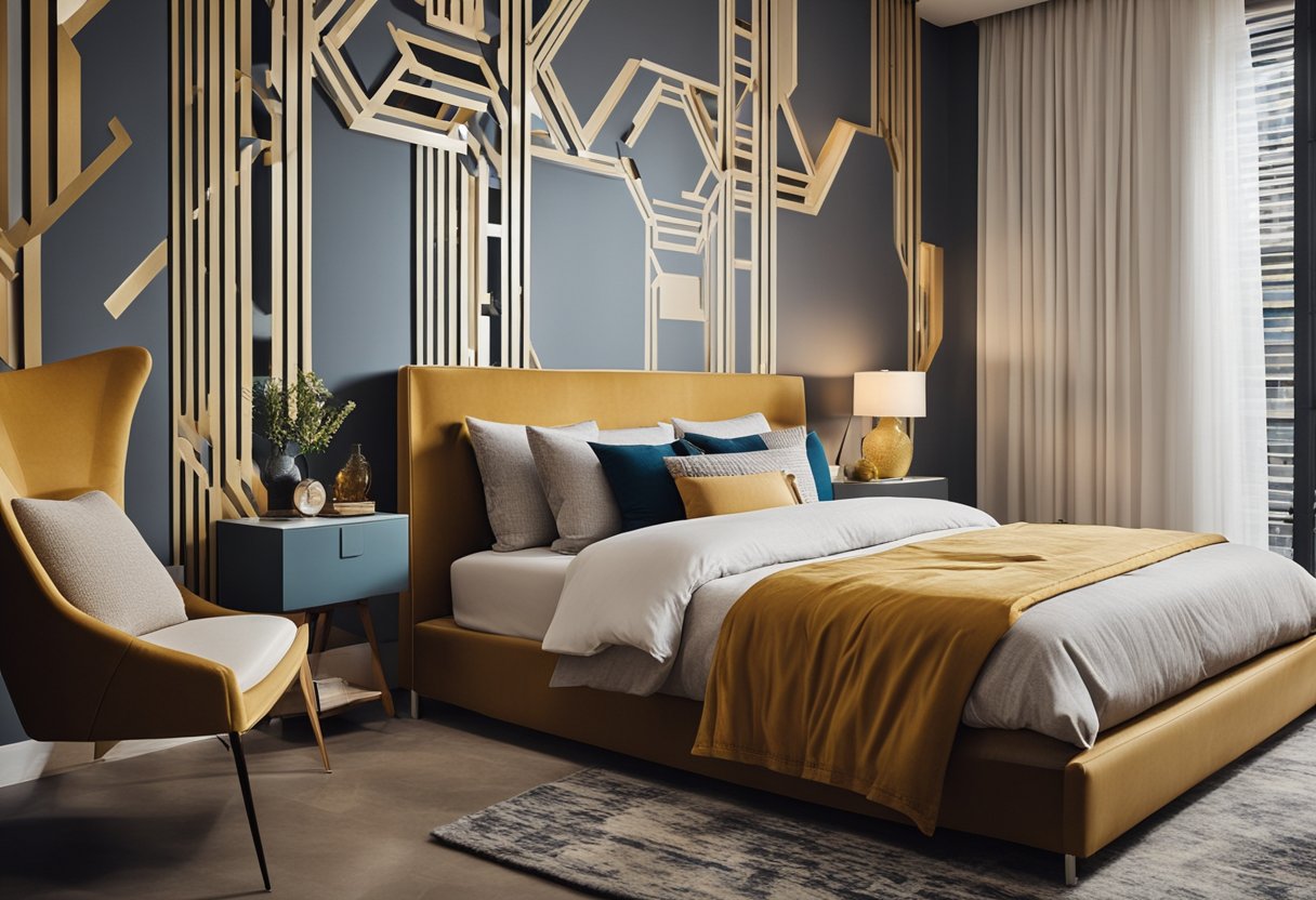 A bedroom with unique wall designs and textures, featuring geometric patterns and vibrant colors