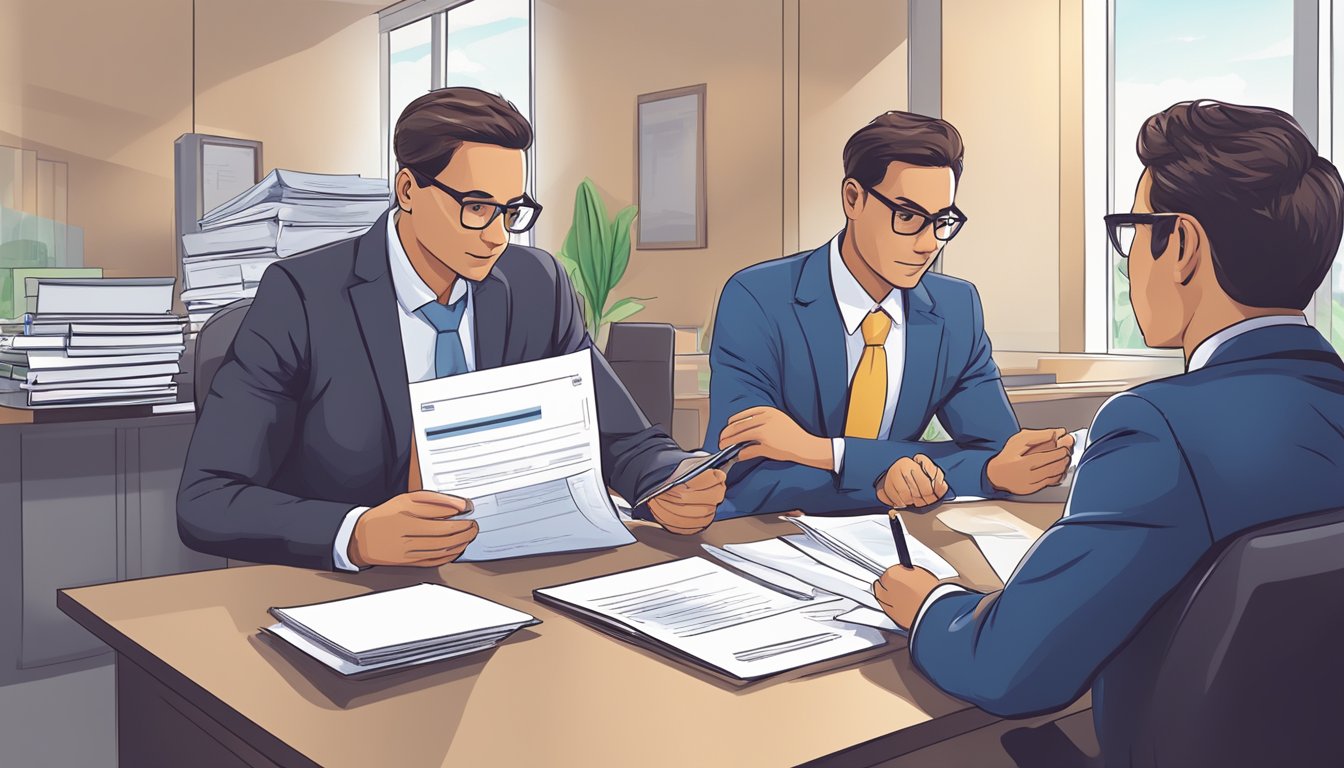 A person fills out a loan application at a bank, discussing terms with a loan officer. The applicant presents financial documents and business plans for review