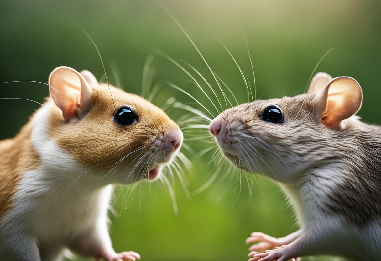 A gerbil and a rat face off, one looking inquisitive, the other defensive