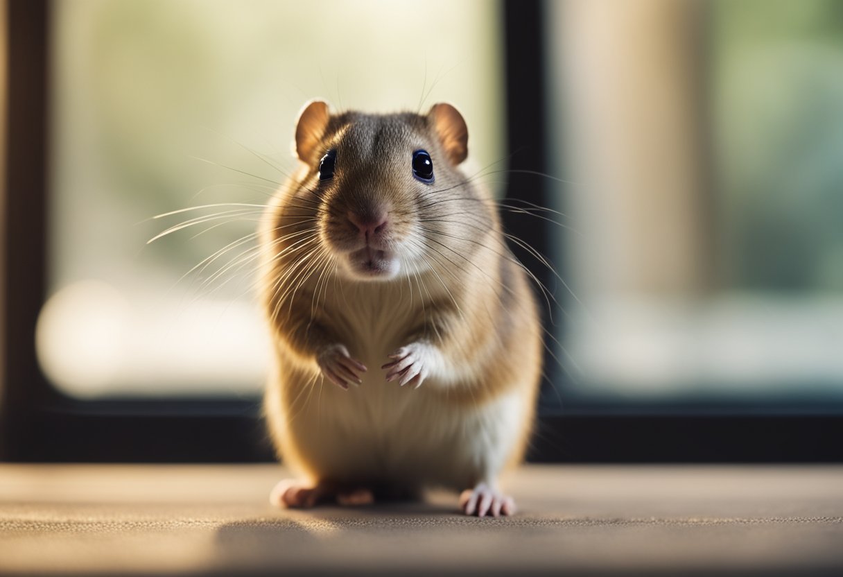 A gerbil stands on its hind legs, with a sleek body, large eyes, and a long tail. It is sniffing the air and grooming its fur with its tiny paws