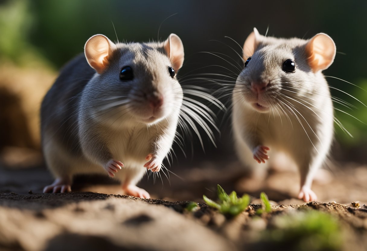 A gerbil and a rat stand side by side, their distinct physical features highlighted