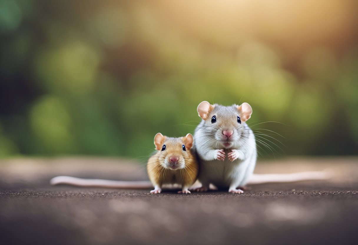 A gerbil and a rat stand side by side, with a question mark hovering above them