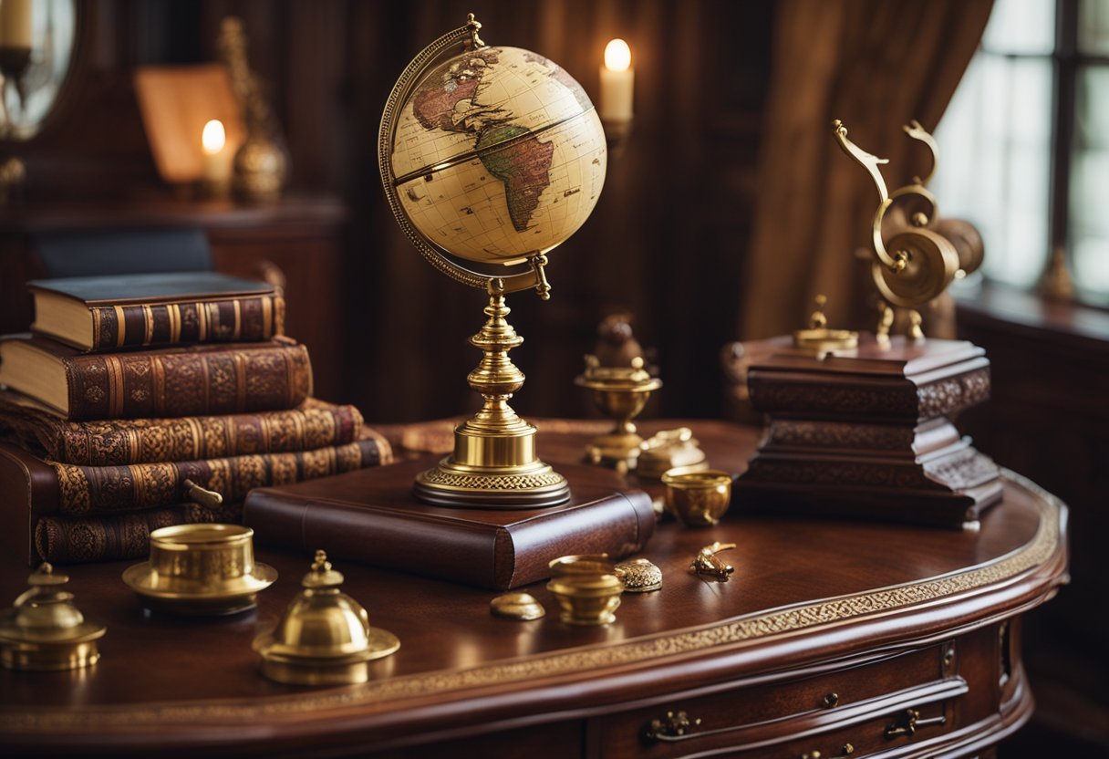 A colonial-inspired interior with ornate wooden furniture, brass candle holders, and rich, patterned textiles. An antique globe sits on a mahogany desk