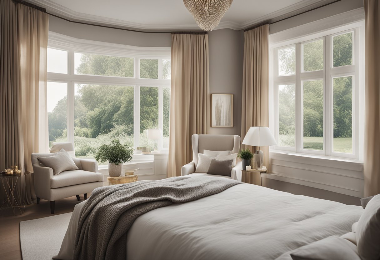 A cozy bedroom with a bay window overlooking a serene view. The window is adorned with sheer curtains, and the room is decorated with soft, neutral tones and plush furnishings