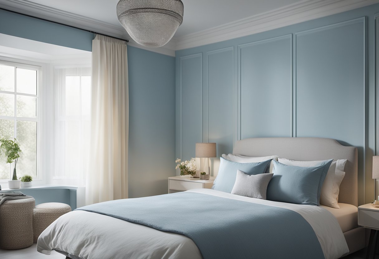The bedroom walls are painted a soothing light blue, with a contrasting white ceiling. The bedspread is a soft grey, and the curtains are a pale cream color