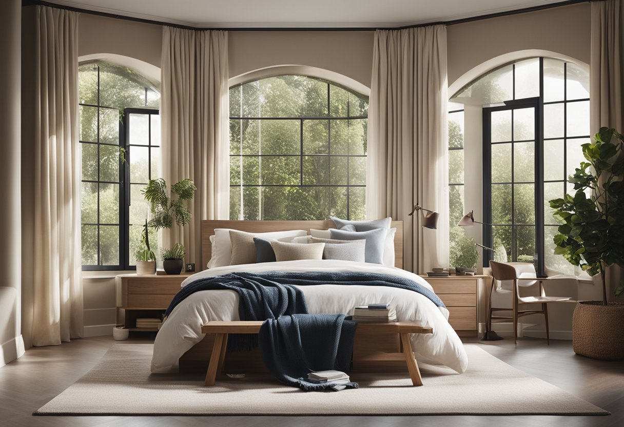 A bay window bedroom with soft, natural lighting and cozy, modern aesthetics