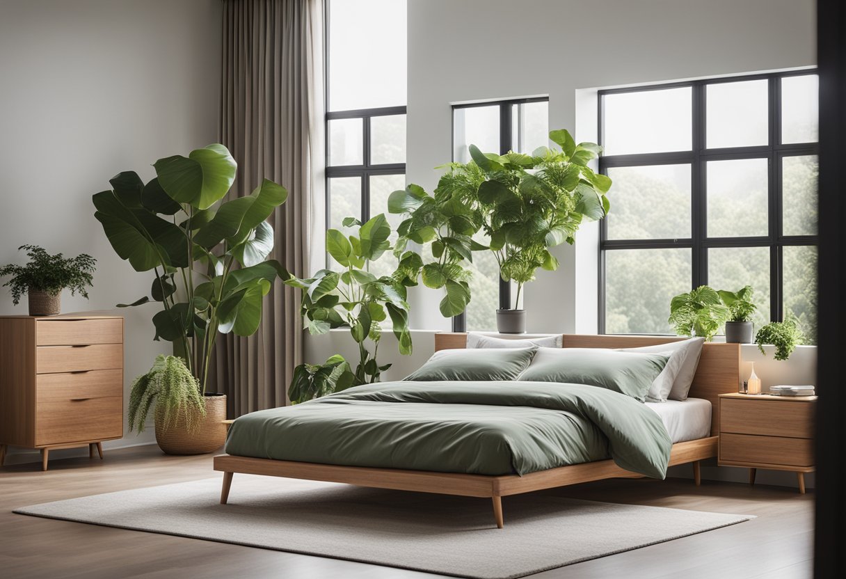 A sleek, minimalist bedroom with large windows, natural wood furniture, and green plants. The bed is adorned with neutral-colored bedding and cozy throw pillows