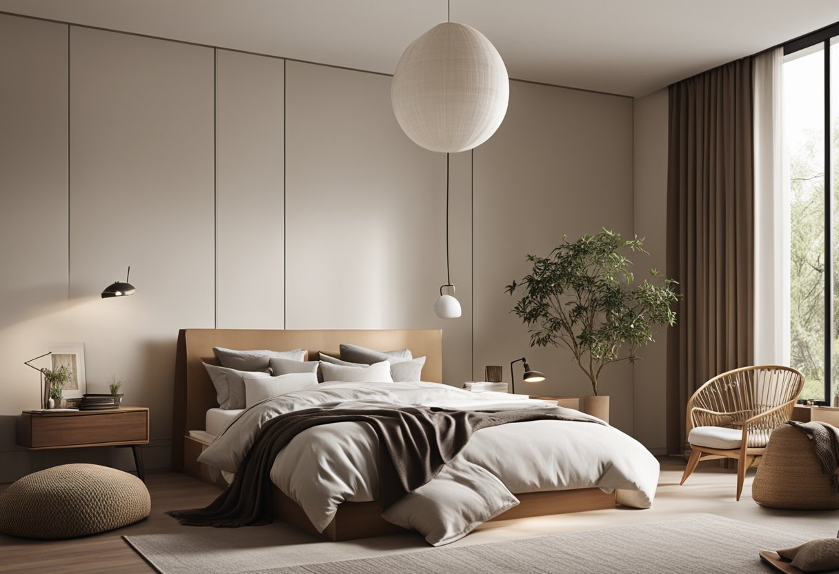 A modern natural bedroom with earthy tones, minimal furniture, and abundant natural light