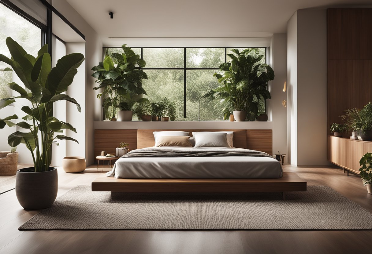 A sleek, minimalist bed with a wood headboard sits in the center of the room. Natural light floods in through large windows, illuminating the earthy tones of the room's decor. The space is adorned with potted plants, woven rugs,