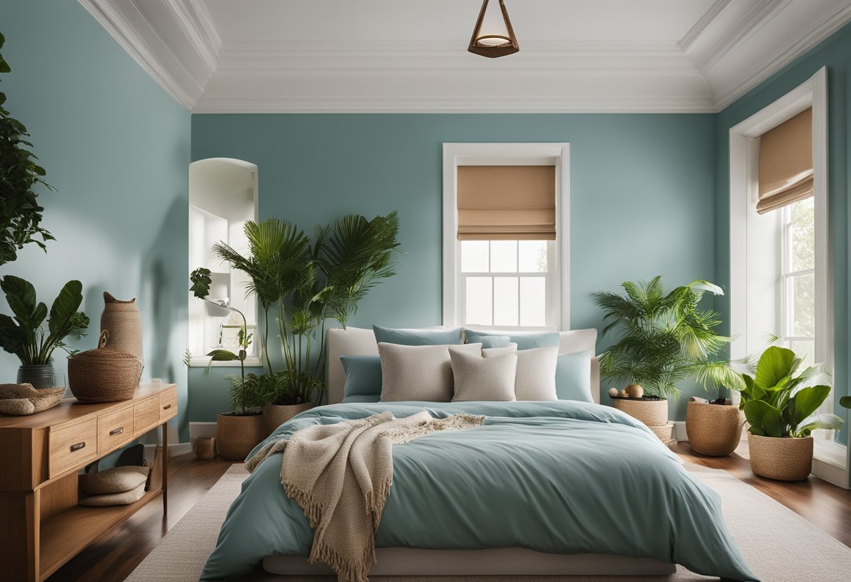 A serene bedroom with soft blue walls, warm earthy accents, and lush green plants, creating a calming and peaceful oasis