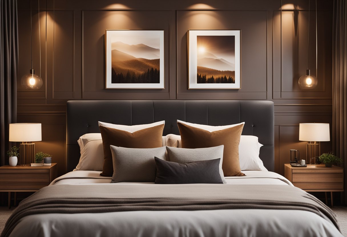 A cozy bedroom with warm, earthy tones. A large, comfortable bed sits against a feature wall painted in a rich, deep color. Soft, muted lighting creates a calming atmosphere