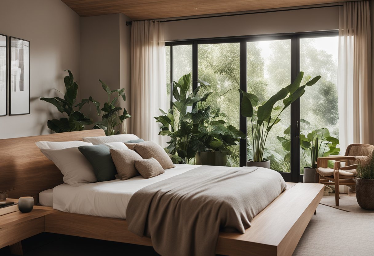 A cozy, minimalist bedroom with earthy tones, natural materials, and abundant greenery. Clean lines, uncluttered surfaces, and soft lighting create a serene and inviting atmosphere