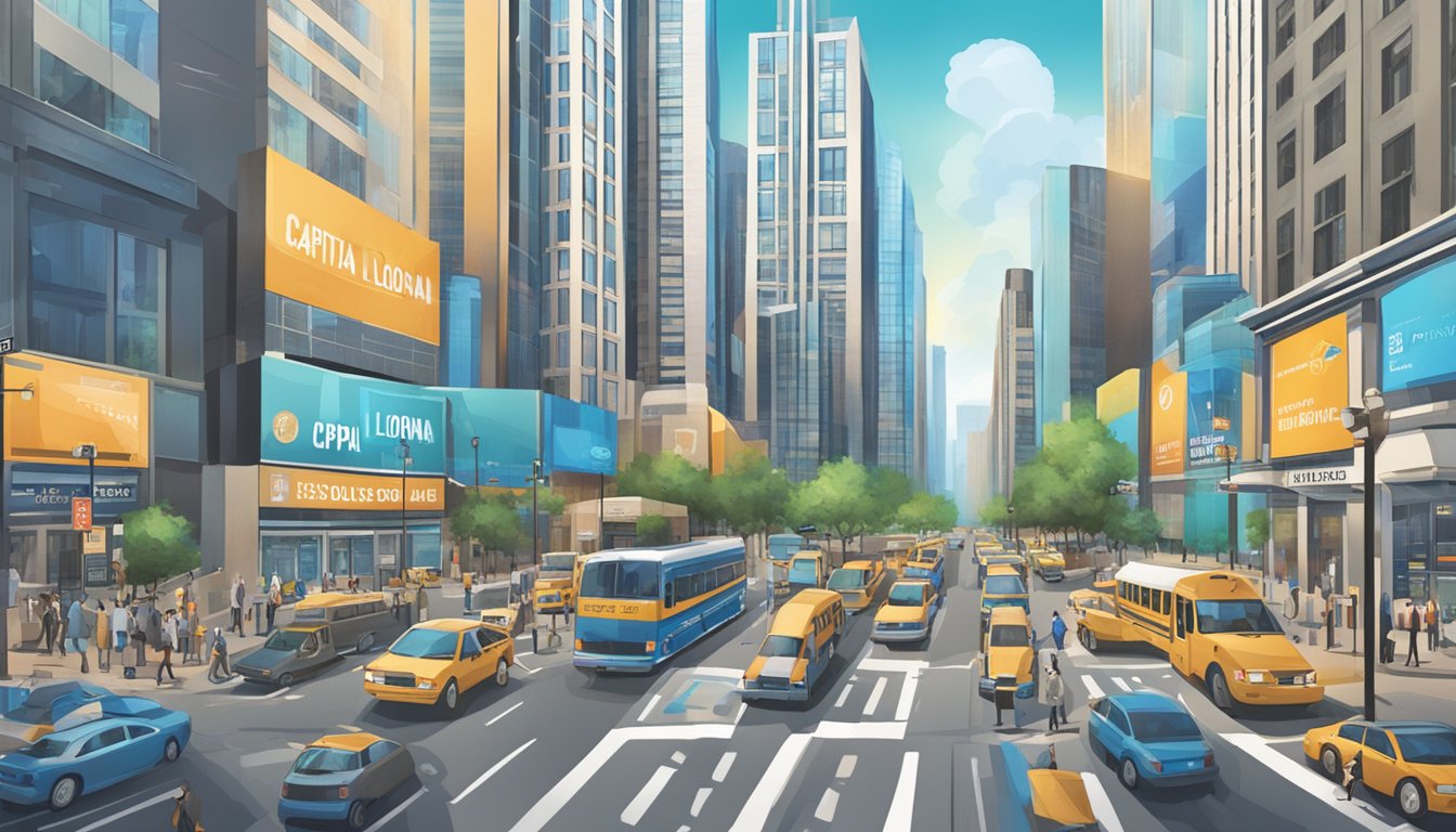 A bustling city street with tall office buildings and financial institutions, with signs advertising business capital loans