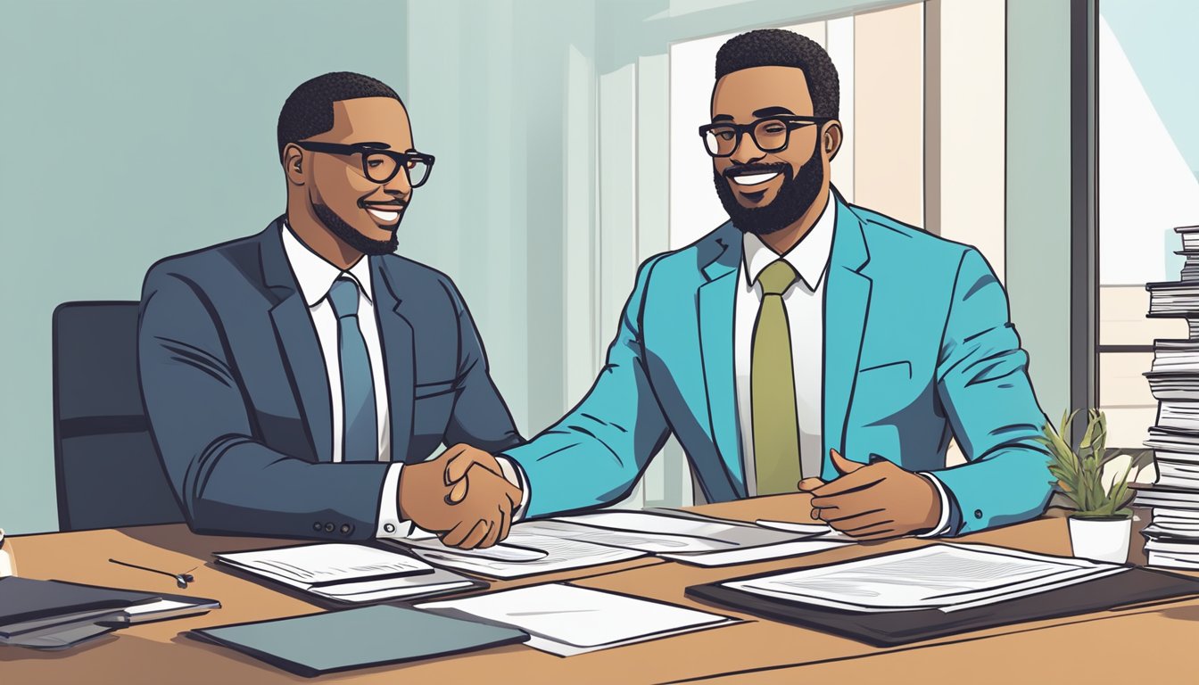 A business owner sits at a desk, reviewing paperwork with a bank representative. The two discuss terms and shake hands, signifying a successful business capital loan agreement
