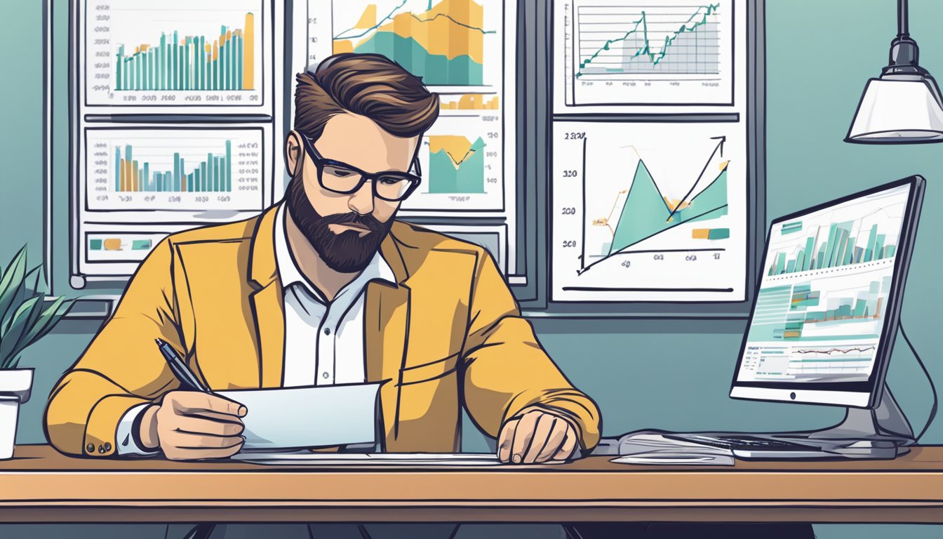 A person sitting at a desk, filling out paperwork with a pen, while a computer screen displays financial charts and graphs. A sign on the wall reads "Business Capital Loan Application."