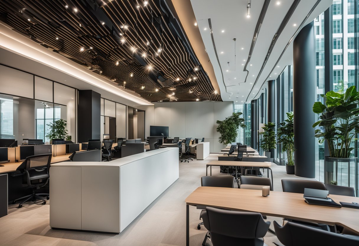 The corporate interior design in Singapore features sleek, modern furniture, clean lines, and a neutral color palette with pops of vibrant accent colors