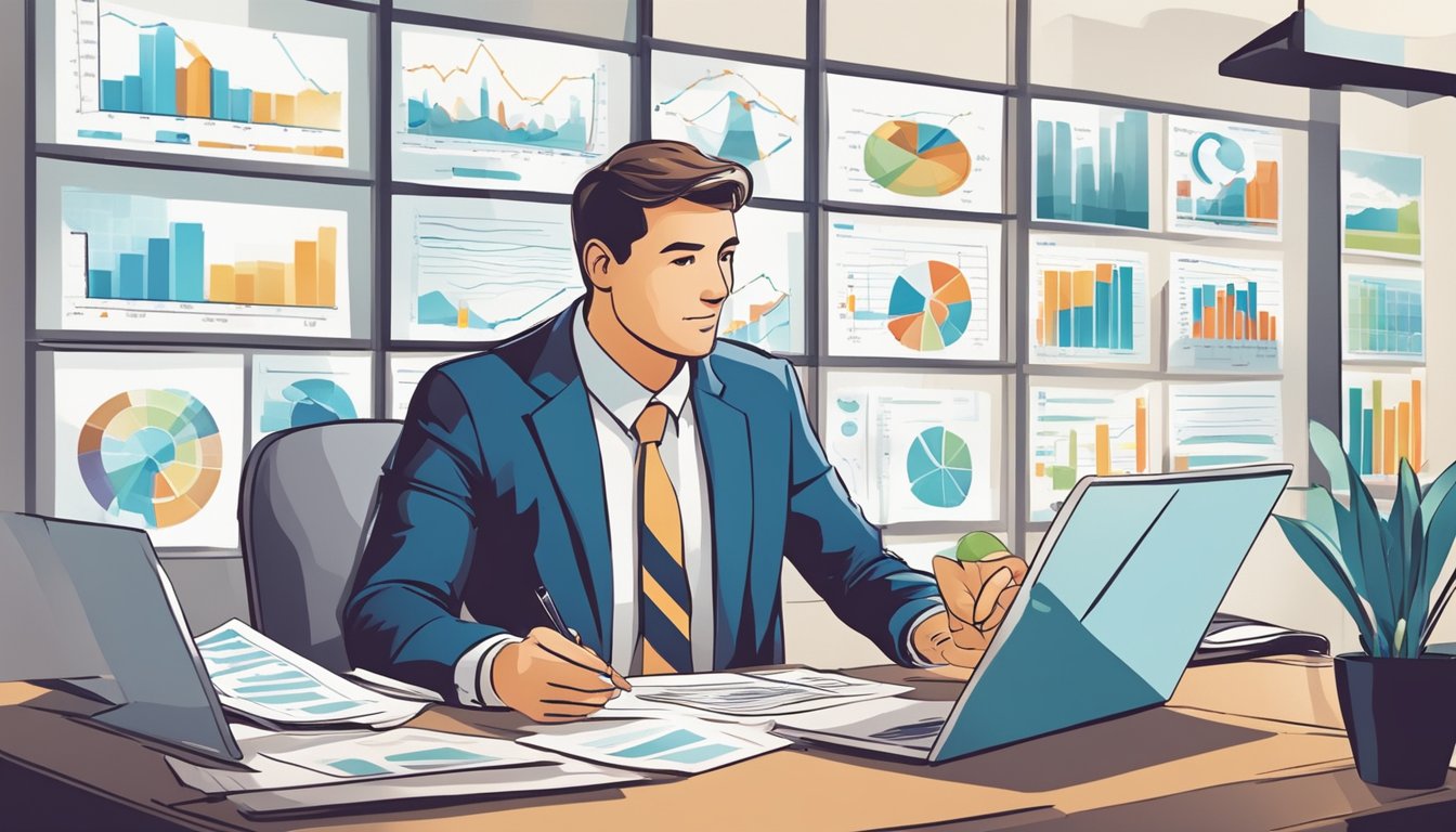 A businessman sitting at a desk, surrounded by charts and graphs, speaking with a bank representative about business capital loans