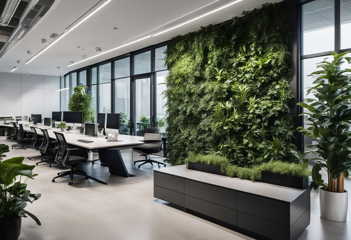 A sleek, modern office space with clean lines, glass partitions, and high-tech workstations. Natural light floods the open concept layout, with pops of greenery and stylish furniture creating a sophisticated yet inviting atmosphere