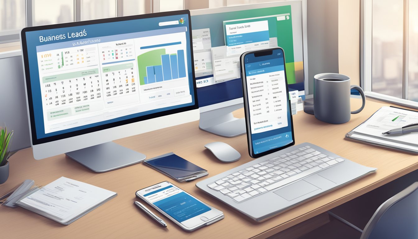 A stack of business loan leads displayed on a computer screen with contact information and company details. A phone and calendar sit nearby, ready for follow-up