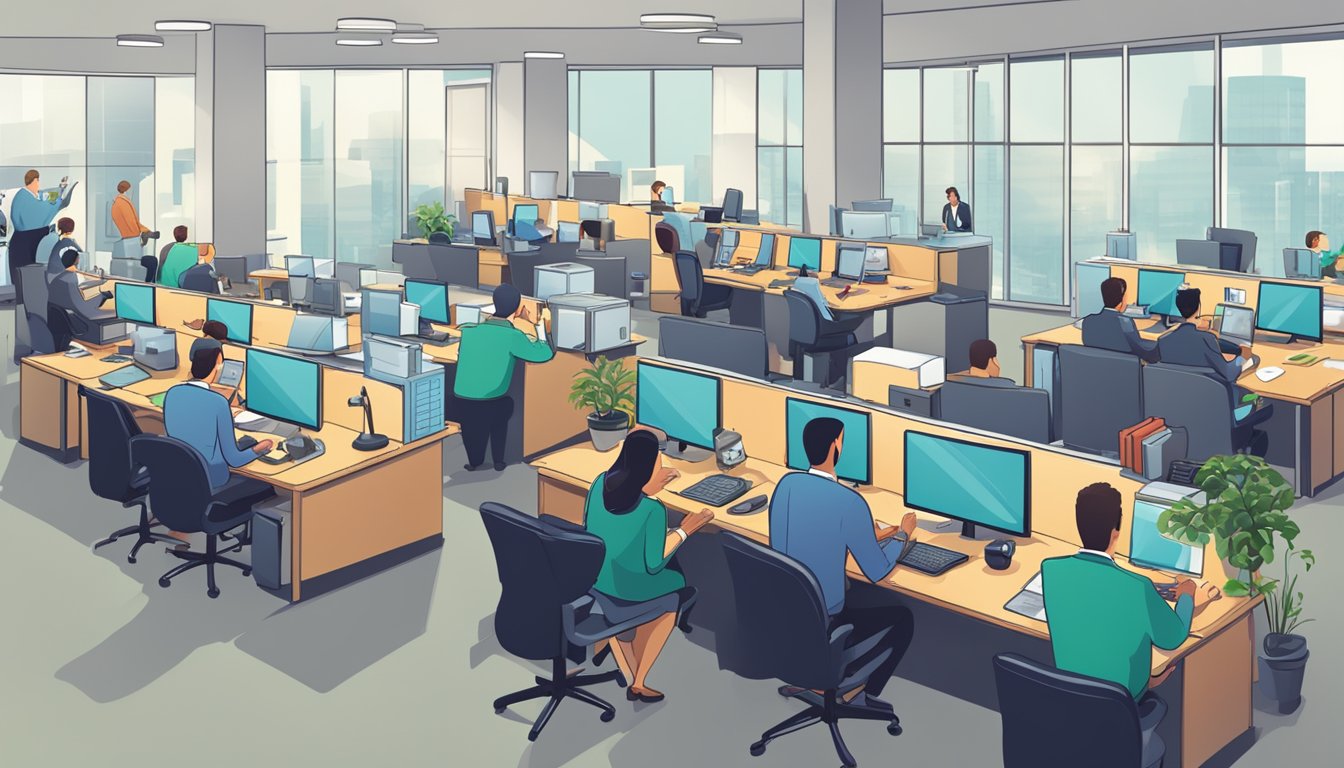 A bustling office with phones ringing and computers buzzing as employees work diligently to generate business loan leads for sale