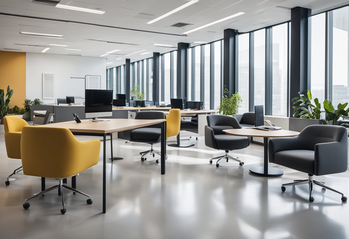 The modern corporate office features sleek furniture, clean lines, and a neutral color palette with pops of vibrant accent colors. The space is flooded with natural light, creating a bright and airy atmosphere