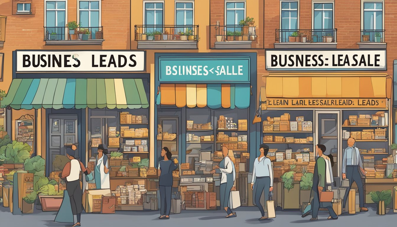 A bustling marketplace with signs advertising "Business Loan Leads for Sale." Business owners and lenders browse through various options, while sellers eagerly pitch their leads