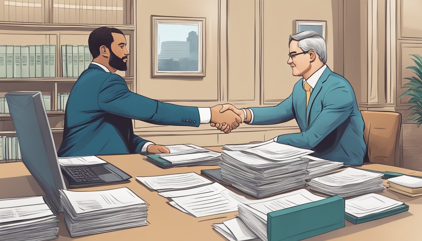 A person in a suit shaking hands with a bank manager across a desk, exchanging documents and discussing terms for a business loan
