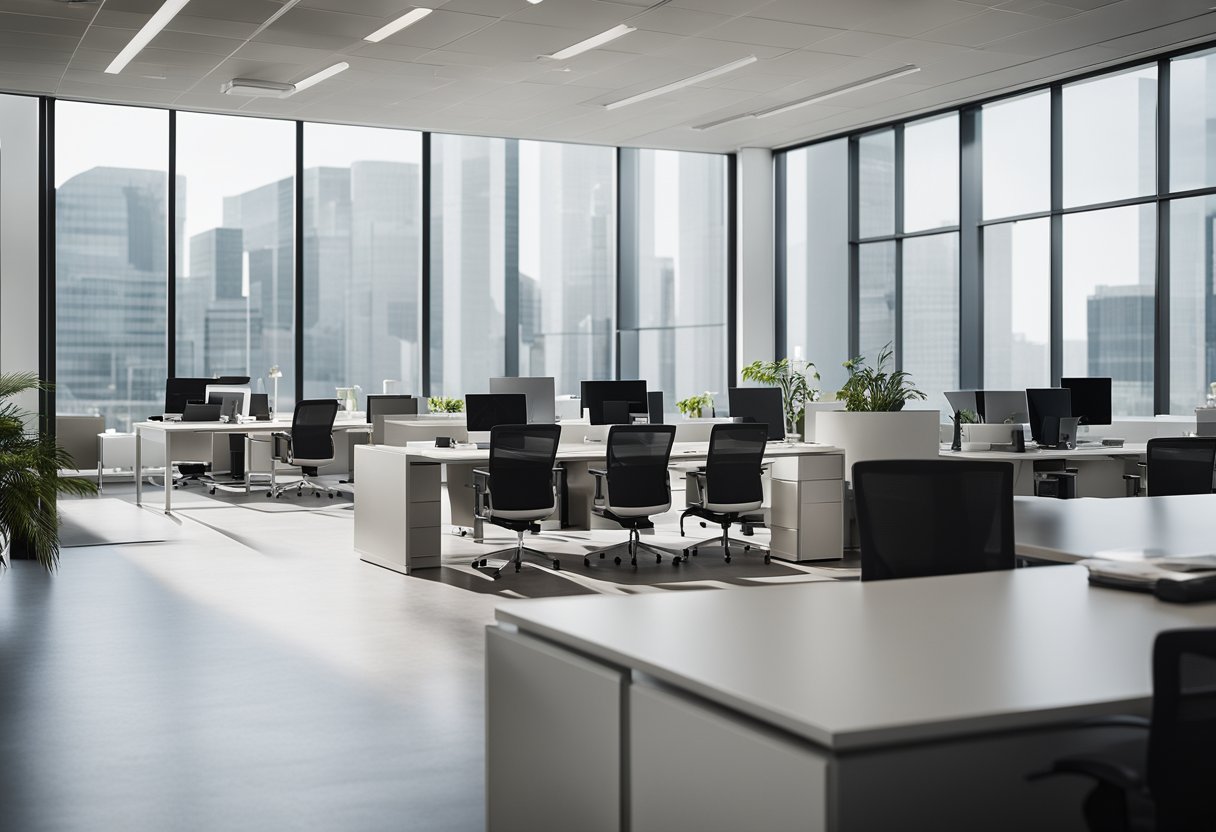 A modern corporate office with sleek furniture, clean lines, and a neutral color palette. The space is well-lit with large windows, and there are subtle branding elements throughout the design