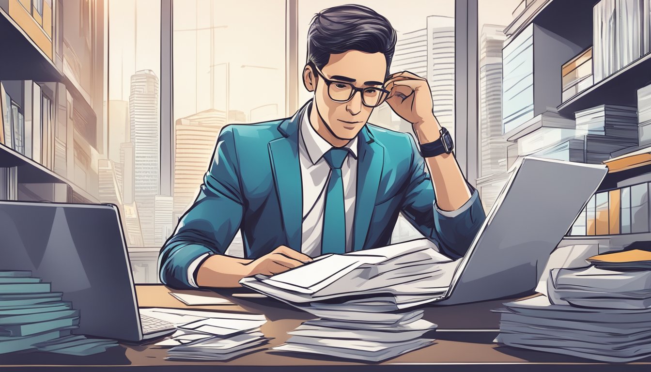 A businessman researching business loans in Singapore, surrounded by financial documents and a laptop, pondering the best way to secure a loan
