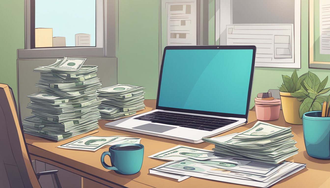 A desk cluttered with financial documents, a laptop open to a loan application, and a stack of cash symbolizing a no-doc business loan