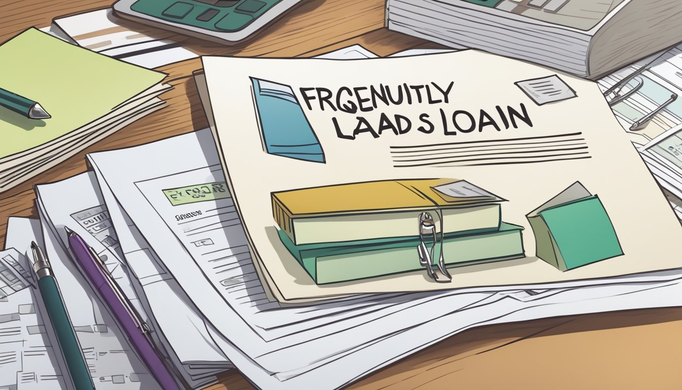 A stack of papers labeled "Frequently Asked Questions" and a sign reading "Business Loan Leads for Sale" displayed on a desk