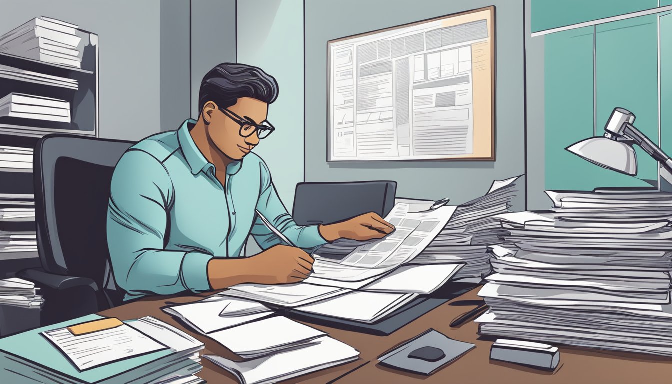 A business owner fills out loan paperwork at a desk, surrounded by financial documents and a computer. They carefully review terms and manage the loan process