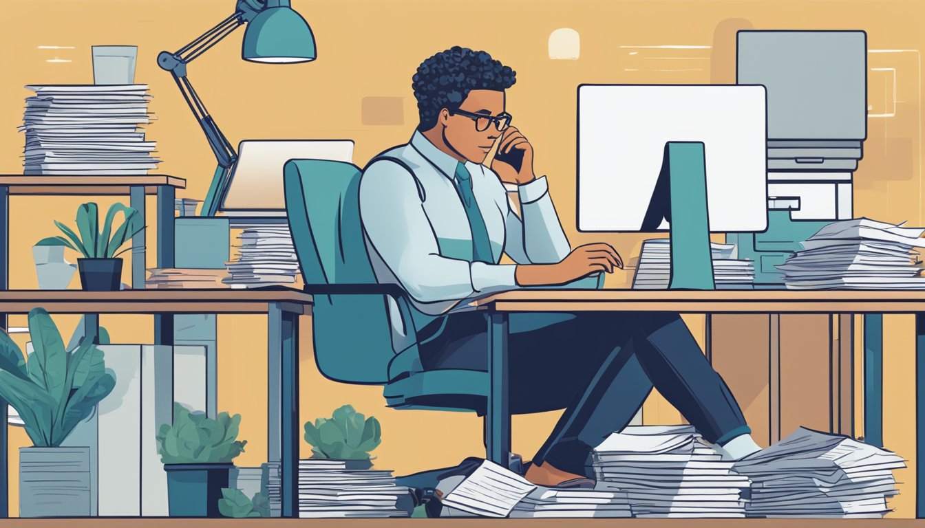 A person sitting at a desk, surrounded by paperwork and a computer, with a phone in hand, looking stressed and overwhelmed while trying to figure out the best way to get a business loan