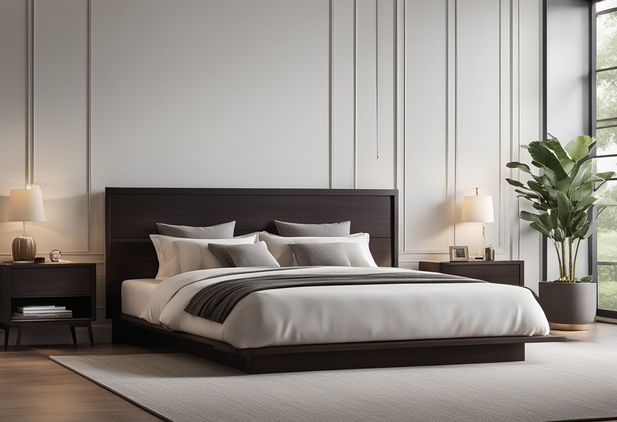 A sleek wooden bed with clean lines sits in a spacious bedroom, accompanied by a matching dresser and nightstands. The furniture exudes a modern and minimalist design, with smooth surfaces and subtle detailing
