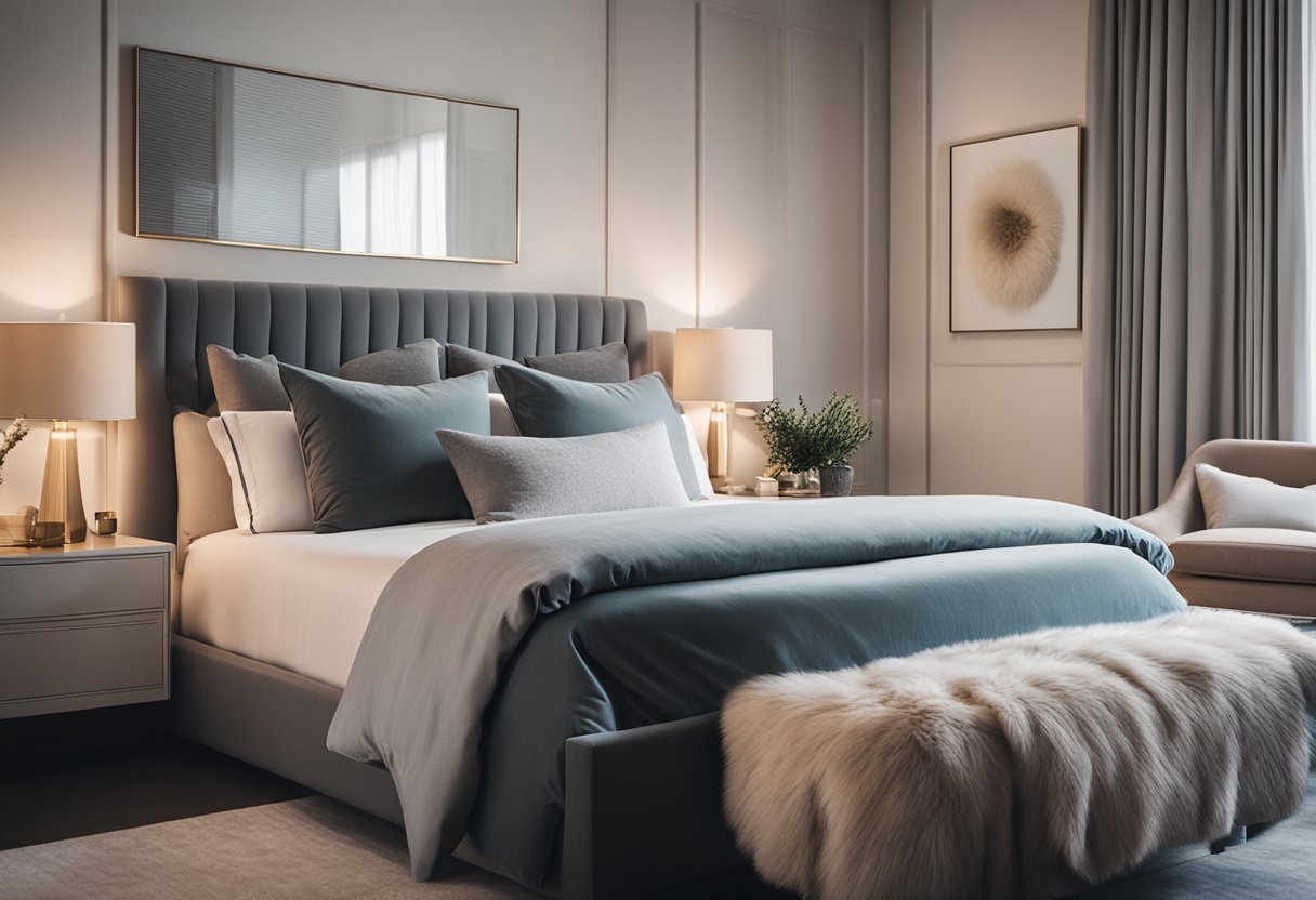 A cozy bedroom with a large, plush bed, adorned with soft pillows and a stylish headboard. The room features modern design elements, including sleek furniture and minimalist decor, creating a tranquil and inviting space